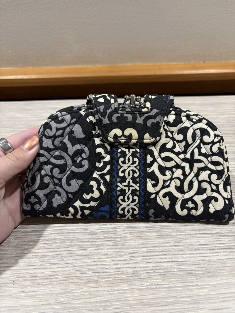 Vera Bradley Framed Kiss Lock Wallet Black Blue Gray Quilted Cotton Retired